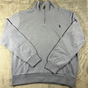 Polo Assn Mens Quarter Zip Pullover Sweater Light grey/Blue Ribbed Knit Size M